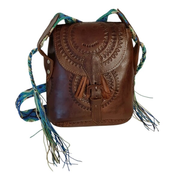 Leather Tooled Crossbody Purse Dark Brown With Turquoise & Green Crochet Strap - Picture 2 of 16